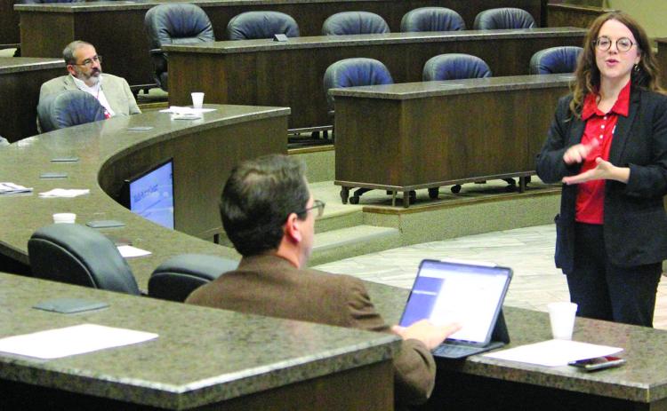 Sentinel photo/Jessica Shepard South Texas Project Nuclear Operating Company Communications Manager Amanda Sitka presents additional information on the company's communication plans and new Integrated Public Alert and Warning System (IPAWS) use  Nov. 30.