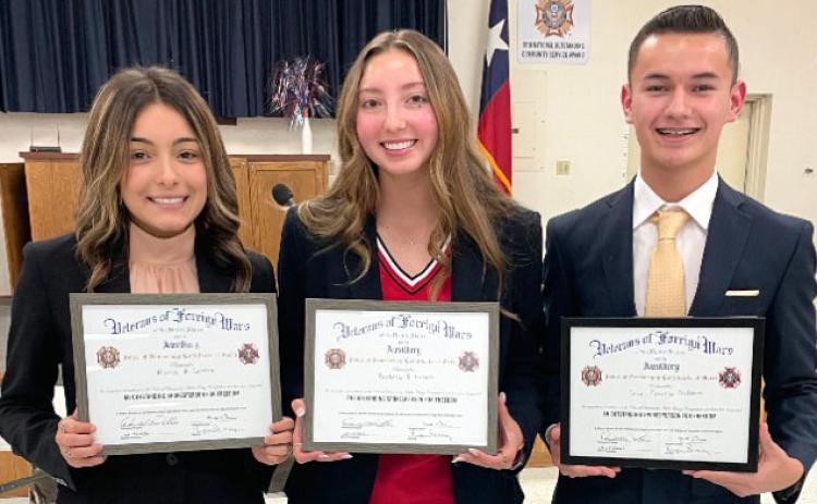 Bay City High School students swept the top three spots in the recent Veterans of Foreign Wars' "Voice of Democracy" contest. The contest, sponsored by VFW post 2438. This year's topic was "America: Where Do We Go From Here?" Alyssa Castro took first place, with Rachelle Larson and Troy Gilbert coming in second and third. Each student performed their speech at a banquet held Tuesday night at the VFW post.  Shown, from left, are Castro, Larson, Gilbert.  Courtesy photo