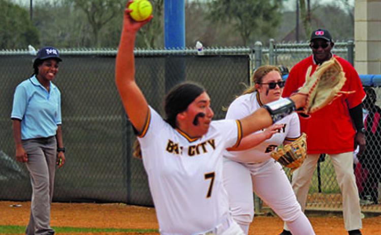 Sentinel photo/Mike Reddell Ladycat pitcher Miley Salazar (7) was the winning hurler as the girls beat Hitchcock 16-0 last week in tournament play.