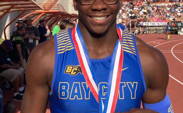 Courtesy photo  Bay City Blackcat junior Brice Turner won the 4A 100-meter dash in a time of 10.25 seconds and the 200-meter dash in a time of 21.04 seconds at the State UIL State Track Meet. The state championship sprinter is coming back to Bay City with two gold medals.