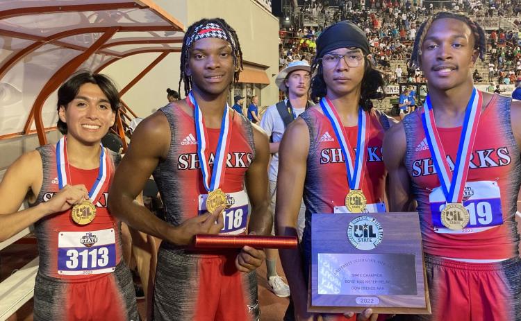 Courtesy photo  Palacios Sharks won the Gold in 3A 1,600-meter relay at the UIL State Track Meet in Austin.