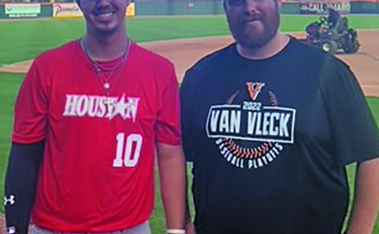 Gunner Gibbens, left, represented Van Vleck Baseball, a 3A division school, in the Greater Houston Baseball Coaches Association All-Star Game Monday, June 13. Seniors from the greater Houston area formed two teams under All-Star selected coaches and played on Constellation Field in Sugar Land. Van Vleck Head Baseball Coach Jacob Cadle, right, nominated Gunner for this honor.  Courtesy photo