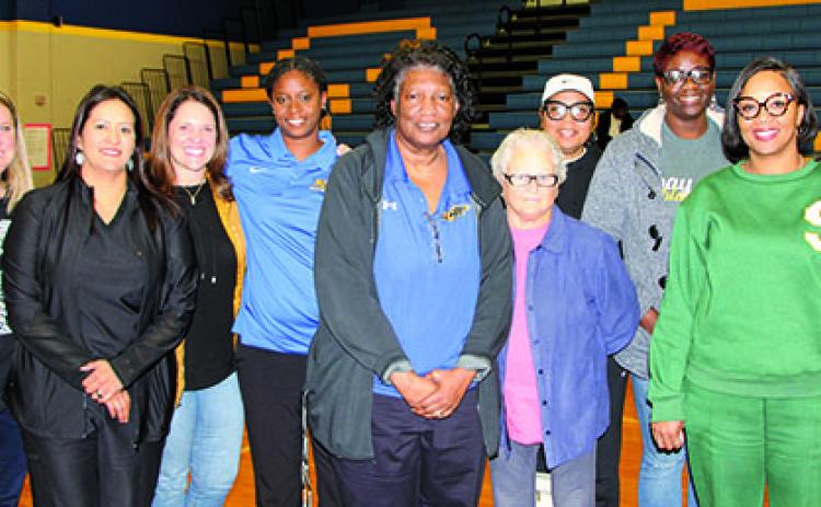 Sentinel Photo/Mike Reddell It was Alumni Night at a recent Ladycat basketball game. Those players attending were, from left: Randi Walker, Belma Cruz, Rachael Richmond, Chandi Jones, Sherby Wilkerson, Margaret Sitka, Toni Thiergood, Kathy Richardson, Sharmane Brown, and Jaqueline Scott.