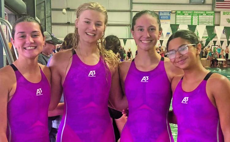 Photo/Lisa Moya BCHS swimmers at last weekend’s Tex Robertson Invite are, from left:  Victoria Sliva, Lucie Frick, Megan Moya, and Kaydence Sanchez.