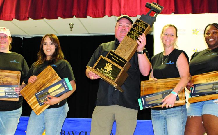 Sentinel Photo/Jessica Shepard The 13th Annual Great Steak Cook-Off raised over $85,000 Saturday, March 25. This year’s overall “Best Steak” award was given to Matagorda Regional Medical Center’s “Blue Line Cookers” with team members Jaquala Moore, Diane Wulf, Tammy Sanderson, and Maria Ortiz. MRMC CEO Warren Robicheaux, center, proudly holds the team's trophy to show off to the audience.