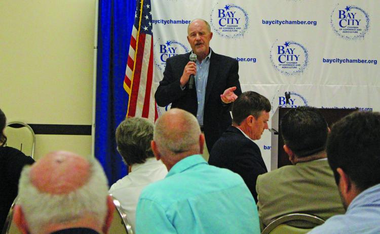 Sentinel photo/Jessica Shepard LCRA General Manager Phil Wilson talked about water issues, broadband coverage and the Arbuckle Reservoir at the Bay City Chamber of Commerce and Agriculture luncheon last week.
