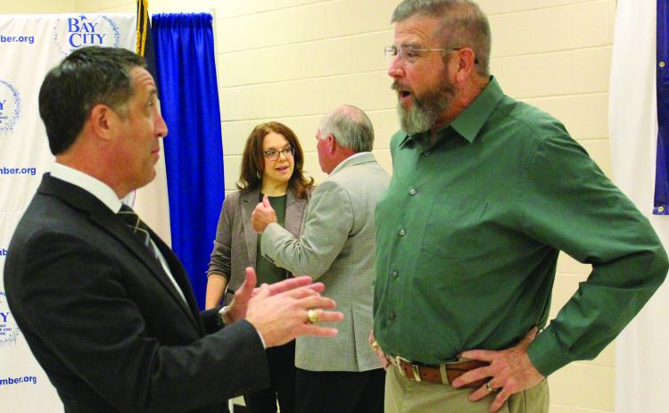 Sentinel Photo/Jessica Shepard Texas Comptroller Glenn Hegar, left, visits with Bay City ISD Superintendent Dr. Dwight McHazlett during Hegar’s Energy Tour in Matagorda County Wednesday, Sept. 27.