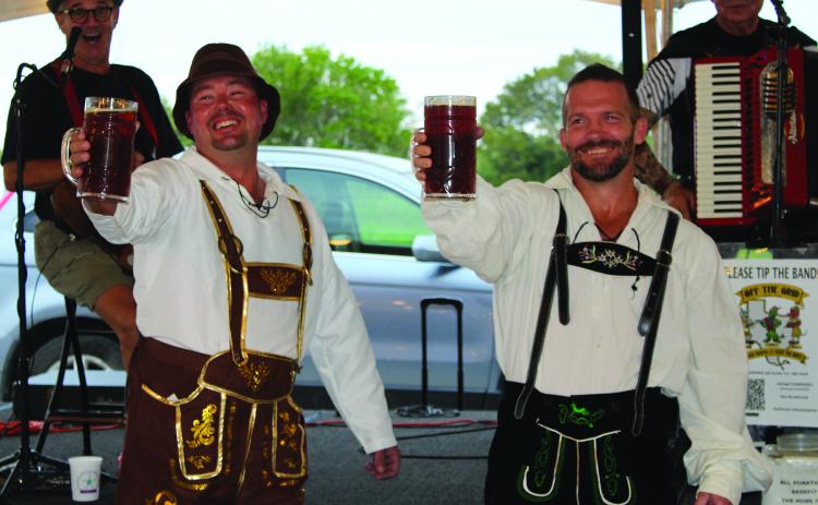 Sentinel photo/Jessica Shepard A "Stein Hoisting" contest helped kick off the Matagorda Regional Medical Center Foundation's "Pulse" fundraiser last Saturday. Of five competitors, only Taylor Ashcraft and James King were left to face off head-to-head - King took first place and Ashcraft earned second.