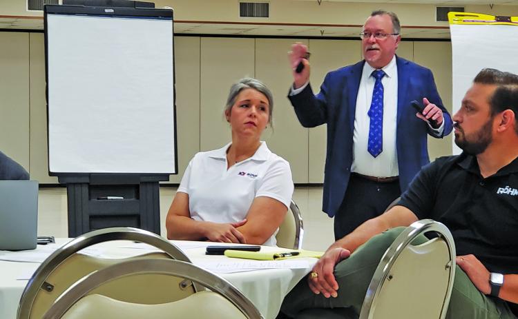 Sentinel Photo/Jessica Shepard Matagorda County Economic Development Corporation (MCEDC) Executive Director Mike Ferdinand, back right, led the Mid Coast Education & Industrial Alliance meeting Oct. 24. Attendees discussed future partnerships and collaboration between Matagorda County school districts and various industrial employment needs.