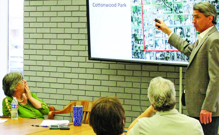 Sentinel Photo/Jessica Shepard Vista Planning & Design’s Mitch Wright presented his conceptual design elements for the possible "Cottonwood Park" and "Barkway Park" project plans on Thursday, Feb. 8. The next phase for the plans is to secure an engineer.