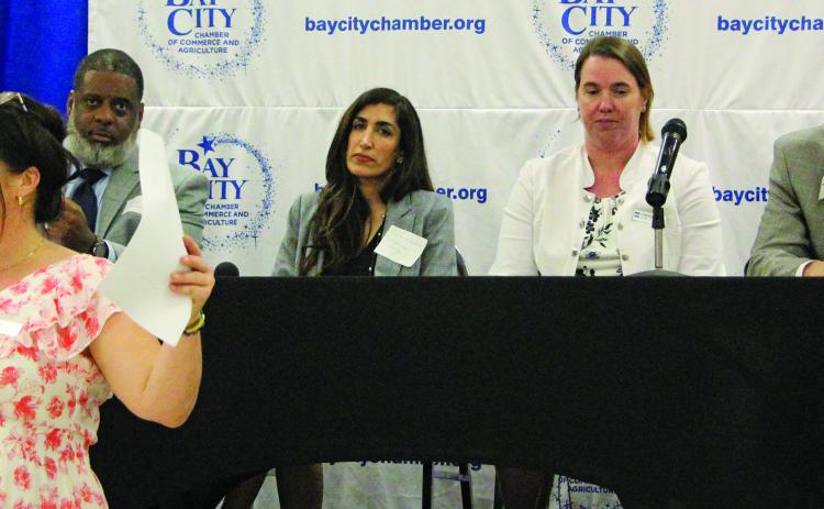 Sentinel Photo/Jessica Shepard BGE. Inc. Irrigation Specialist Whitney Milberger facilitated a question and answer segment as part of the Bay City Chamber of Commerce & Agriculture's and Texas Water Development Board's "Regional Financial Assistance Workshop" on Thursday, June 27. Joining Millberger were professional panelists, from left, Juan Alexander, Shima Jalalipour, Lindsay Kovar, Jim Russ, and Keta Caballero (not pictured).