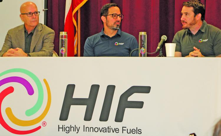 Sentinel Photo/Mike Reddell HIF-USA CEO Renato Pereira, Vice President of Project Execution Haytham Afifi and Community Affairs and Permitting Manager James Outtrim lead the latest update on the HIF-USA project during a luncheon at the Civic Center last Thursday.