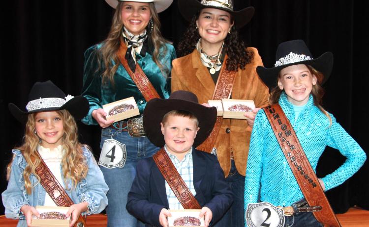 Sentinel Photo/Jessica Shepard MCFLA 2025 Fair Royalty winners are (above from front left): Little Miss Cowgirl Morgan Joines; Little Mister Cowboy winner Reid Hutson; Jr. Fair Princess Analyn Sutherland; (back left) Fair Princess Laynee Matchett; and Fair Queen Victoria Sliva.