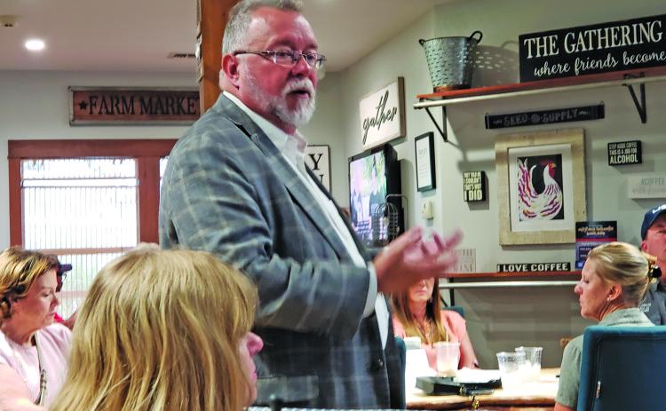 Sentinel Photo/Jessica Shepard Matagorda County Economic Development Corporation (MCEDC) Executive Director Mike Ferdinand discussed several project updates with a full crowd at Cassady’s Coffee Bar & Café in Matagorda on May 30.