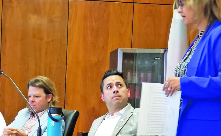 City Manager Scotty Jones addresses council, as Council Member Bradley Westmoreland (left) and Ben Flores listen. Sentinel Photo/Jessica Shepard