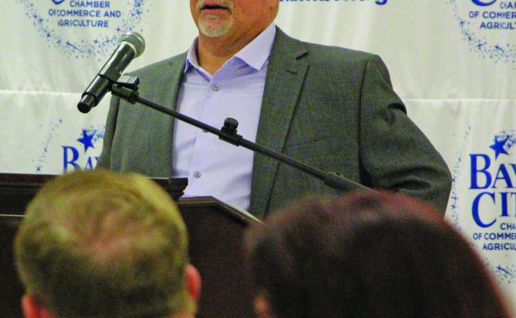 Sentinel Photo/Jessica Shepard BCISD Superintendent Chris Townsend addresses chamber breakfast for new teachers.