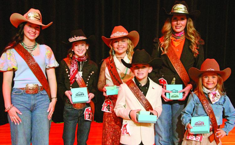 Sentinel photo/Jessica Shepard  The MCFLA's 2026 Rodeo & Fair Royalty are, from left: Rodeo Queen Scollie Saha, Fair Princess Analyn Sutherland, Junior Fair Princess Hayden Joines, Little Mister Cowboy Dusty O'Connell, Fair Queen Marin Bolton, and Little Miss Cowgirl Kalli Brown.