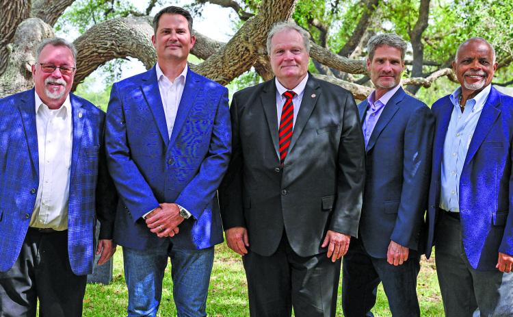 Sentinel Photo/Mike Reddell Groundbreaking of the City Breeze Battery Energy Storage Project in Bay City, was  held April 9. Shown at a luncheon was from left: Mike Ferdinand, Matagorda County Economic Development Corporation executive director;   Ryan Mitchell, PMP, Vice President Turnkey Solutions, Saber Power; County Judge Bobby Seiferman; Randolph Mann, CEO, esVolta, LP; and Bay City Mayor Robert Nelson.