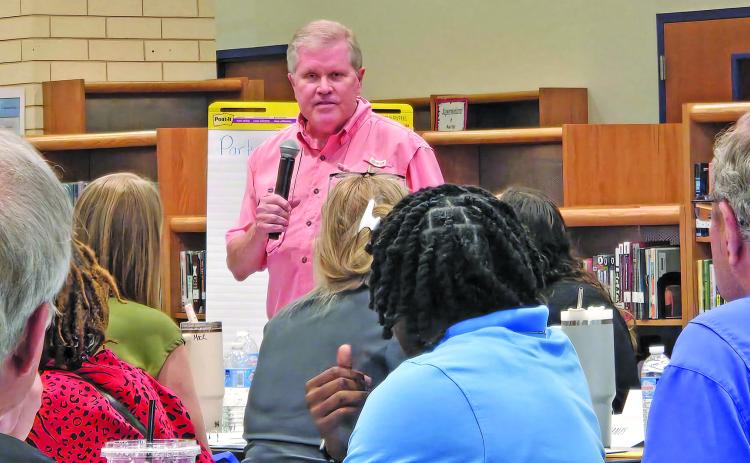 Sentinel Photo/Jessica Shepard Former Bay City ISD Chief Financial Officer Richard Johnson introduced himself at the district’s first “Strategic Planning Committee” meeting on Tuesday, April 14. Johnson was one of several retired and current district employees volunteering for the committee.