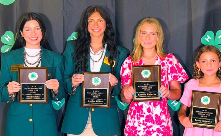 Sentinel Photo/Jessica Shepard Bronze, Silver, and Gold Star award winners were recognized at the "2026 4-H Annual Awards Banquet" on Thursday, July 16. From left are: Collin Holub, Scollie Saha, Kaitlyn Gilbert, Kinsley Kubecka, Laney Kubecka, and Keelie Holub.