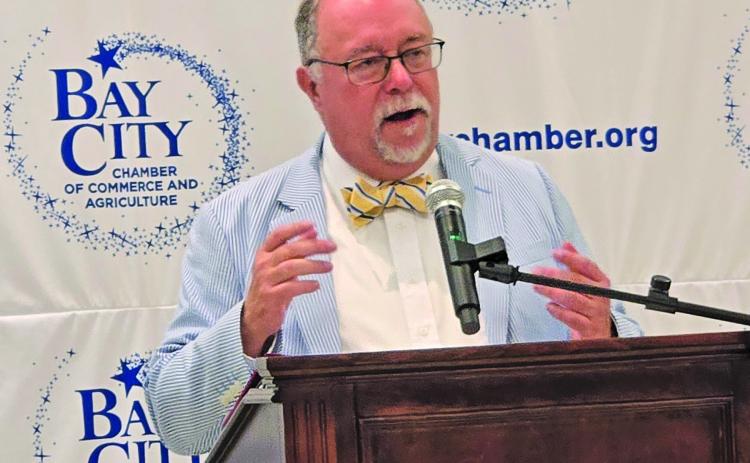 Sentinel Photo/Jessica Shepard Matagorda County Economic Development Corporation (MCEDC) Executive Director Mike Ferdinand spoke to more than 100 business professionals last week at Bay City Chamber of Commercee & Agriculture luncheon.