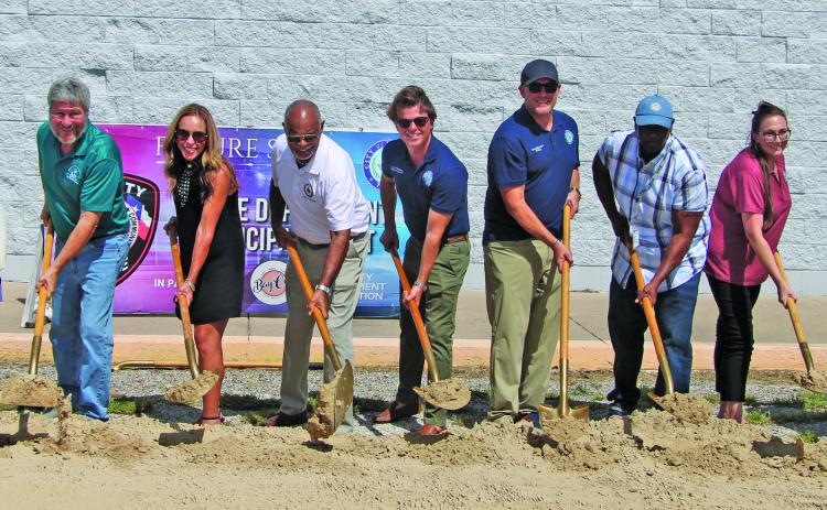 The Bay City Police Department and City Officials invited the public to the official groundbreaking ceremony of the new Bay City Public Safety Center on Thursday, Aug. 20. Shown, from left, City Manager Scotty Jones, City Councilman JIm Folse, Council Member Susan Reardon, Mayor Robert Nelson, Councilman Bradley Westmoreland, Mayor Pro Tem Blayne Finlay, Councilman Cory McCray, Court Administrator Katy Plunkett, and Police Chief Christella Rodriguez.  Sentinel Photo/Mike Reddell